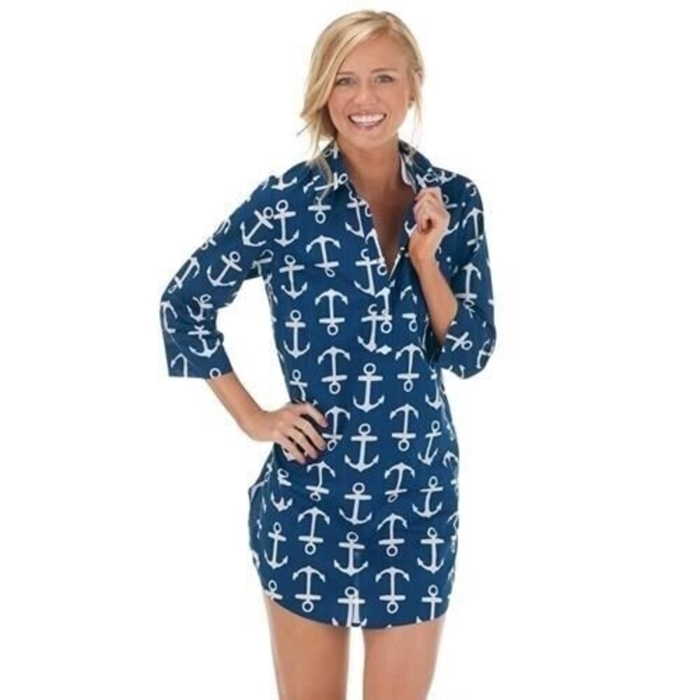 Mud Pie Anchor Tunic Shirt Dress Womens SM Navy Blue Nautical Beach Resort
